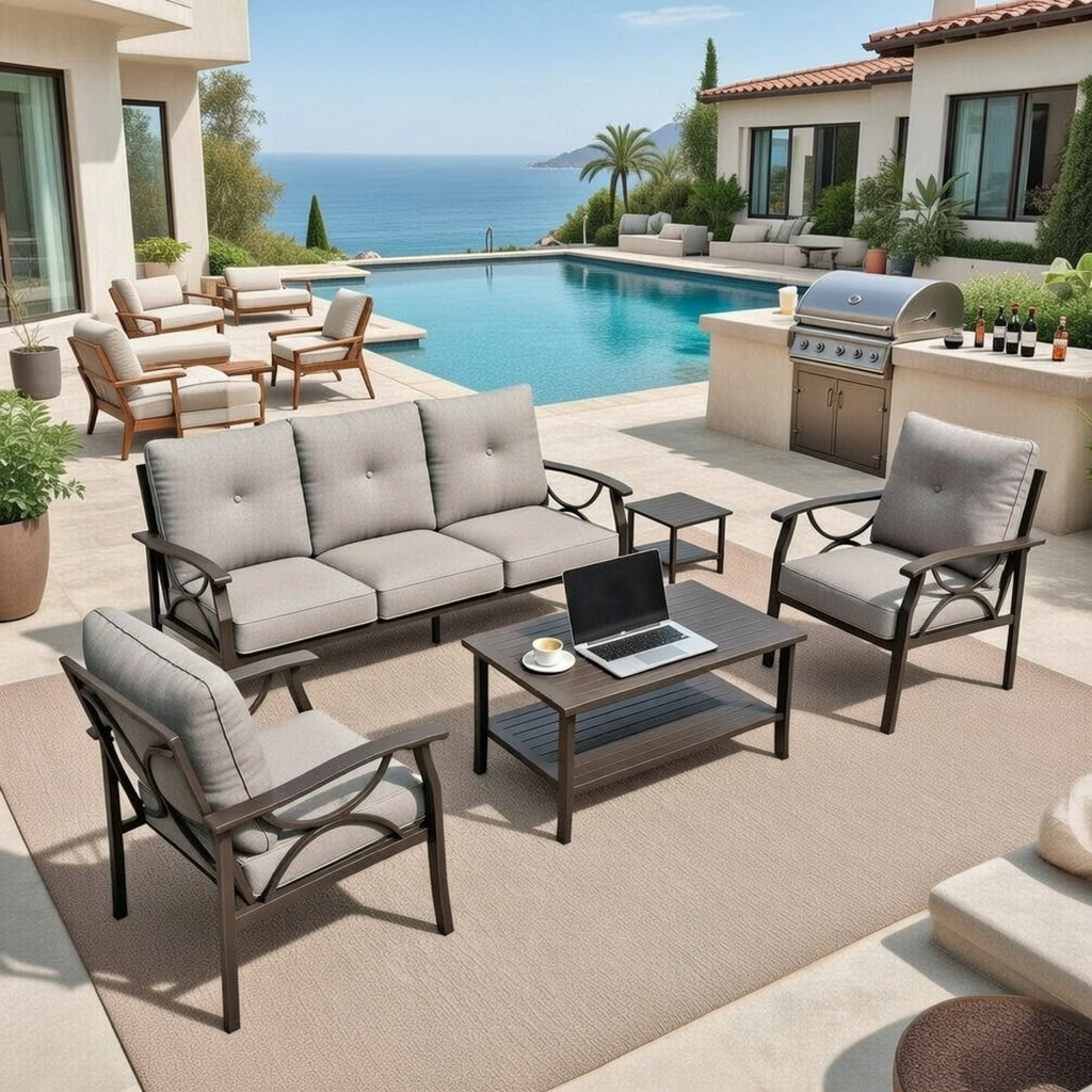Outdoor Patio Set Steel 5 Piece Khaki Gray Cushions