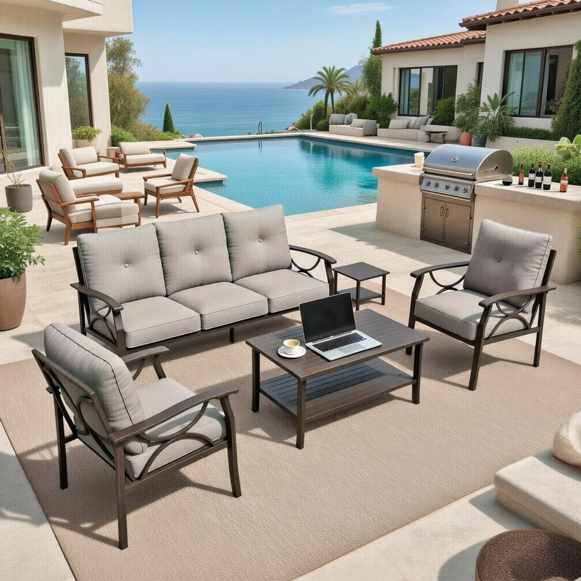 Outdoor Patio Set Steel 5 Piece Khaki Gray Cushions
