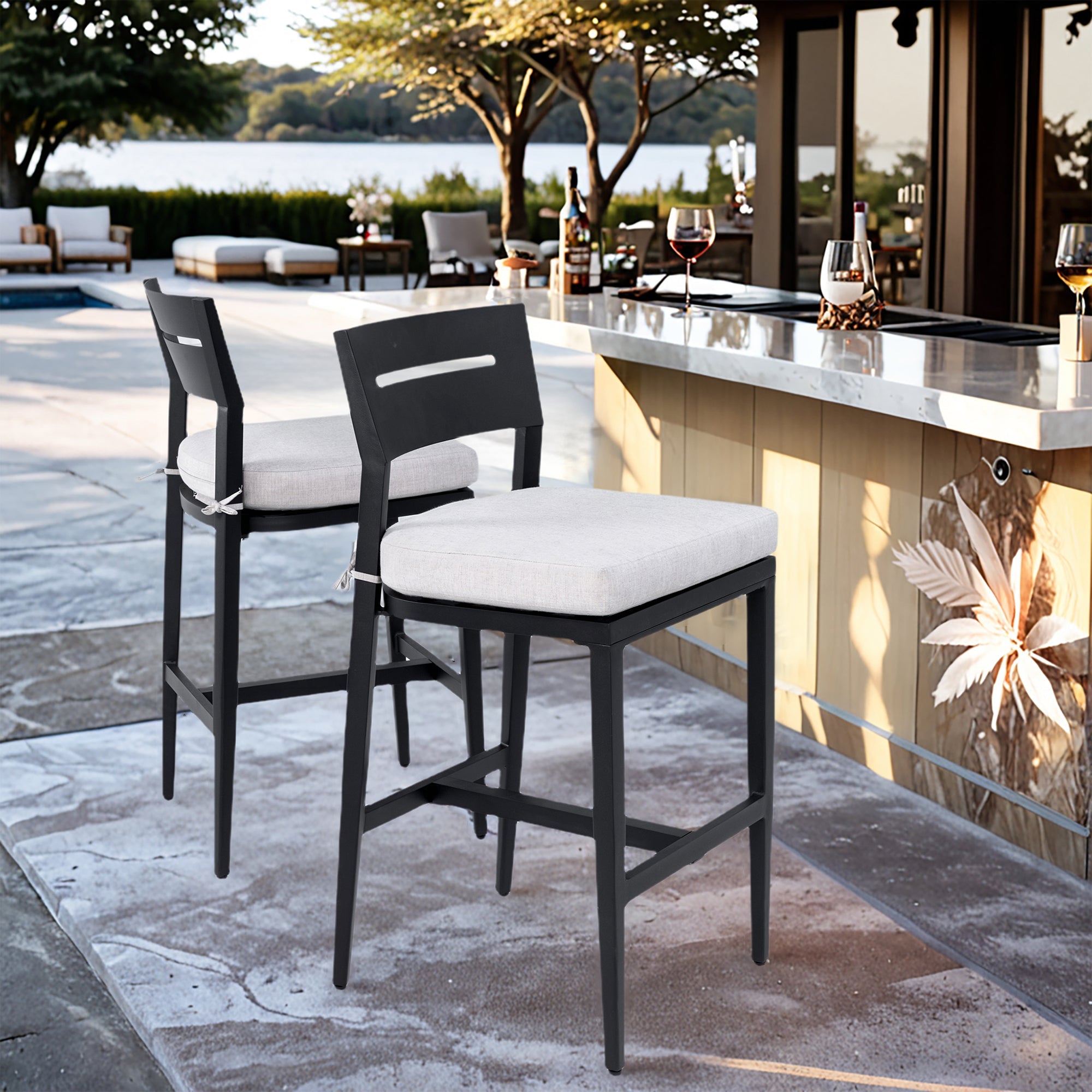 Outdoor Bar Stools Set of 2 Aluminum Patio Chairs Backrest