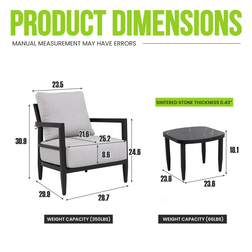 3PC Outdoor Aluminum Patio Set with Sunbrella Cushions