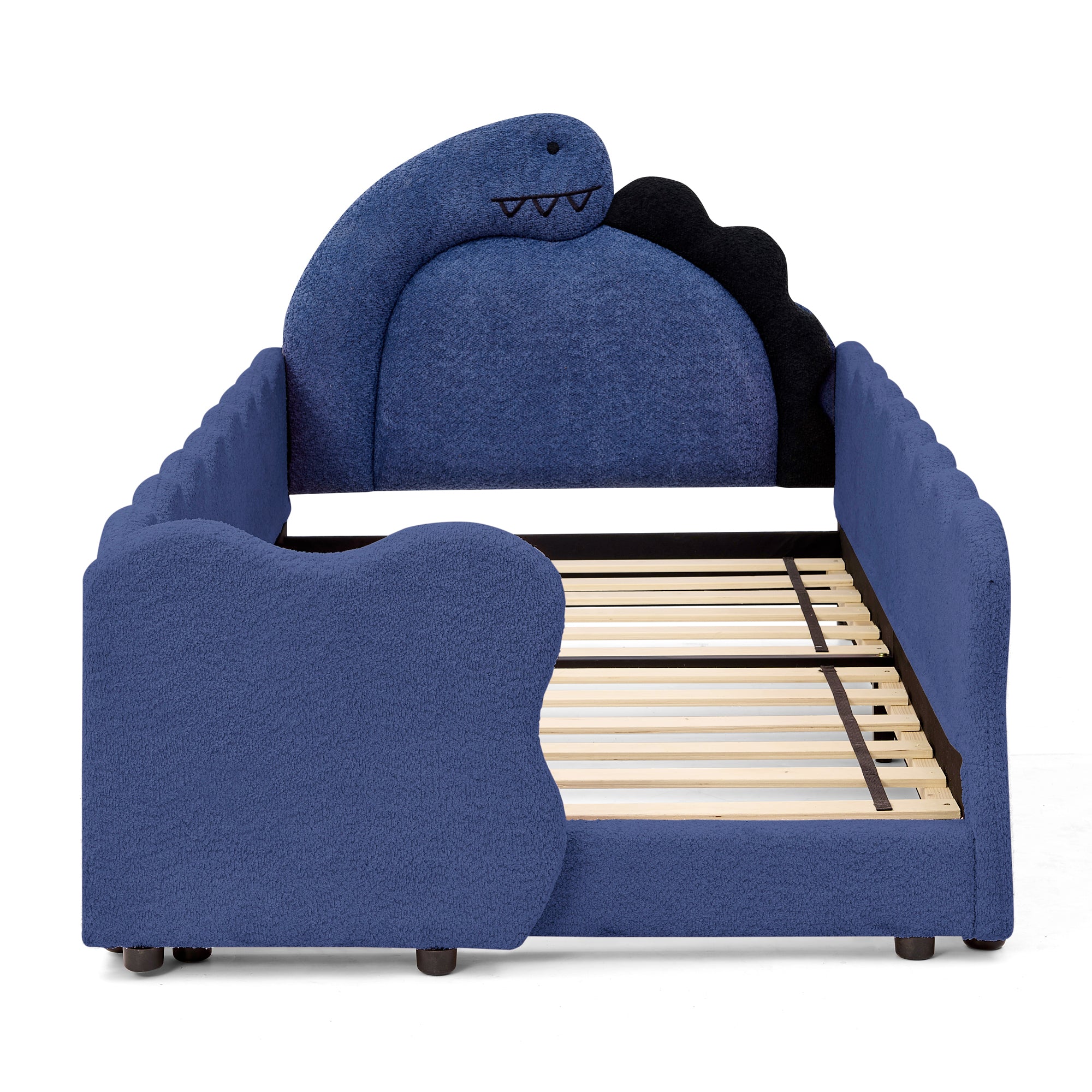 Twin Size Dinosaur Kids Bed Frame, Navy Blue Boucle Fabric
