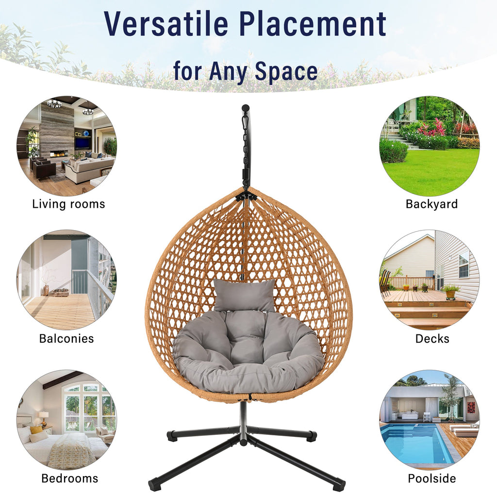 Rattan Hanging Egg Chair with Stand and Cushion