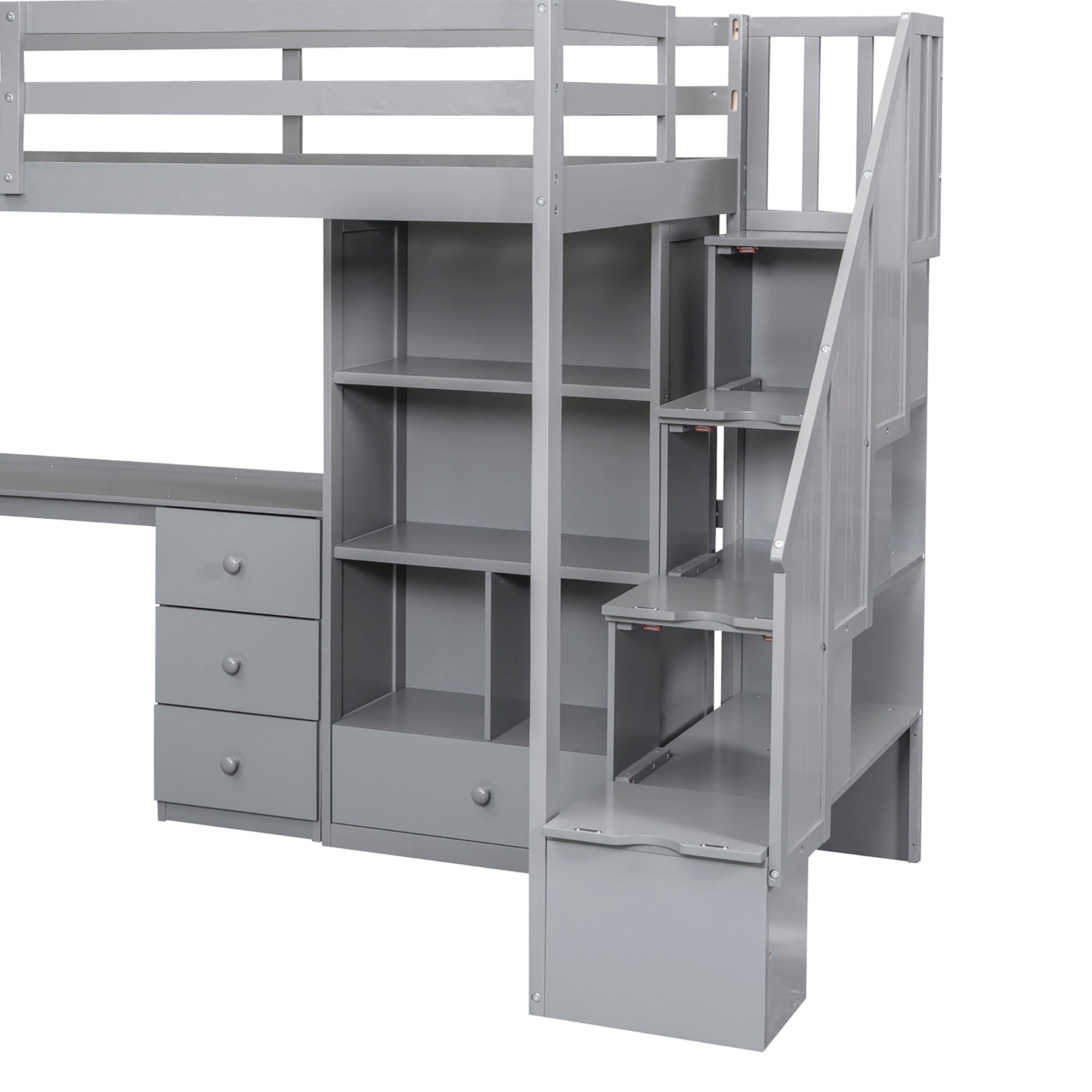 Gray Twin Size Loft Bed with L-Shaped Desk, Drawers, Cabinet and Storage Stai...