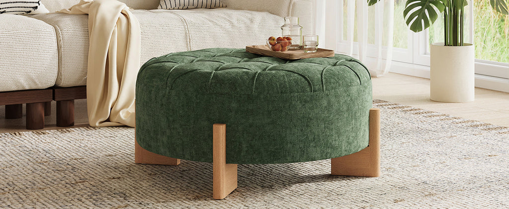 32' Round Tufted Ottoman with Solid Wood Legs, Chenille Fabric Footrest