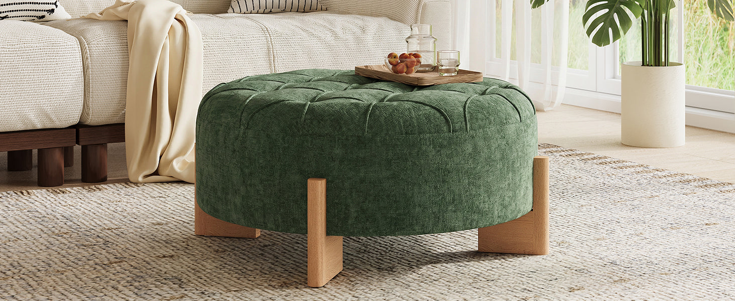32' Round Tufted Ottoman with Solid Wood Legs, Chenille Fabric Footrest