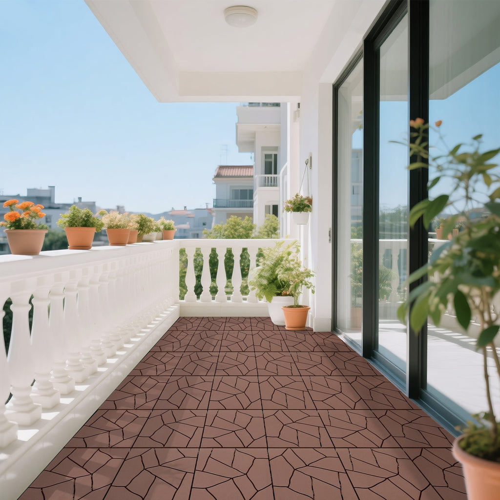 12' Patio Deck Interlocking Tiles Stone Style Red Brown 44pc