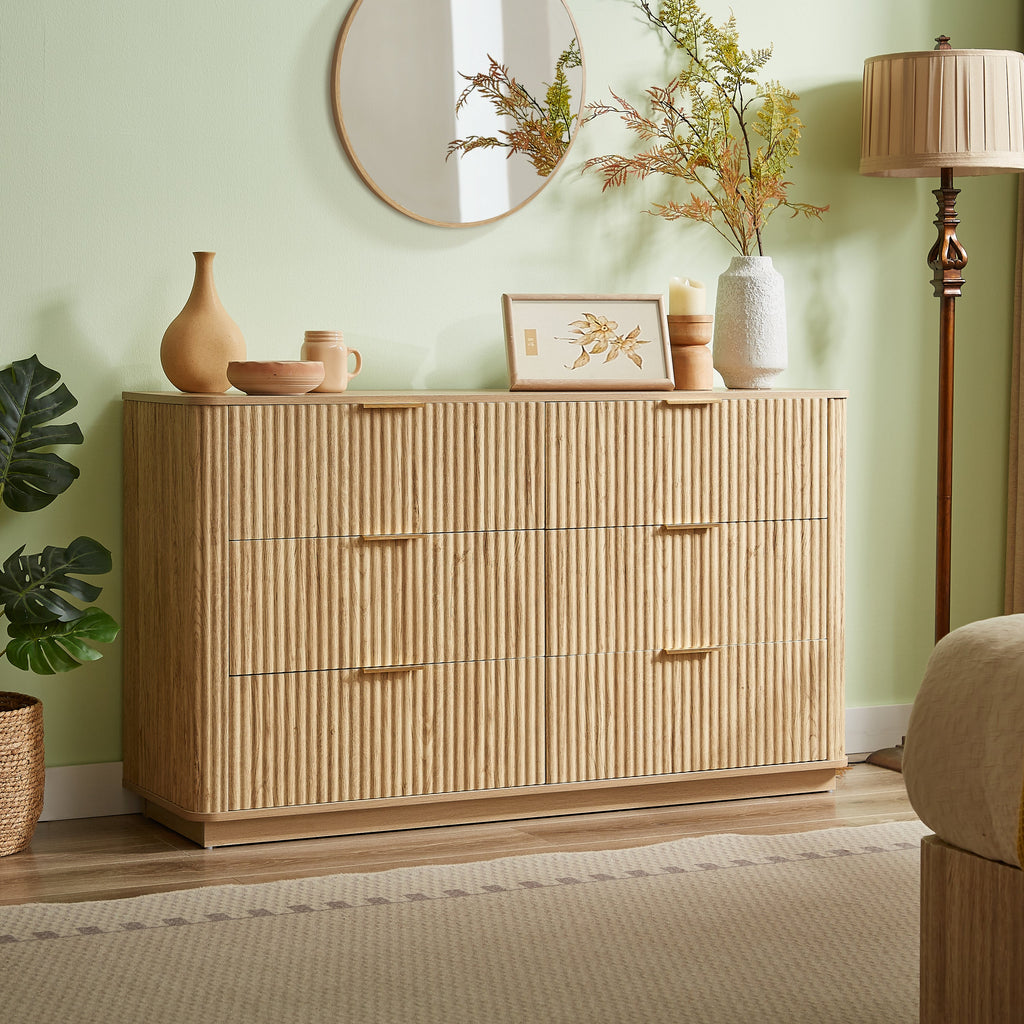 6 Drawer Dresser 55"W Curved Wave Design Walnut Wood