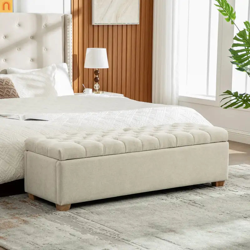 Storage Bench Tufted Chenille Beige Flip Top 60" 300 LB