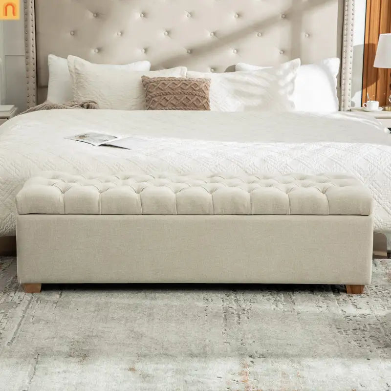 Storage Bench Tufted Chenille Beige Flip Top 60" 300 LB