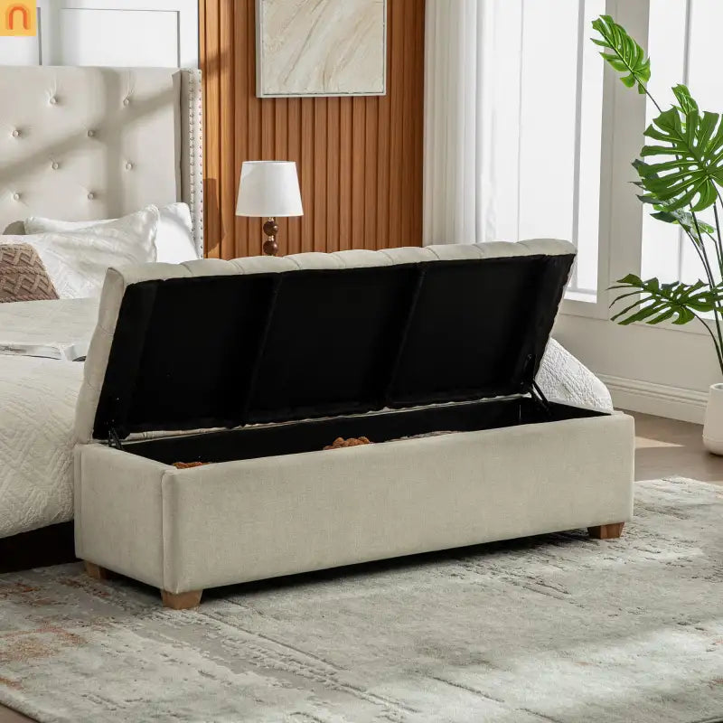 Storage Bench Tufted Chenille Beige Flip Top 60" 300 LB