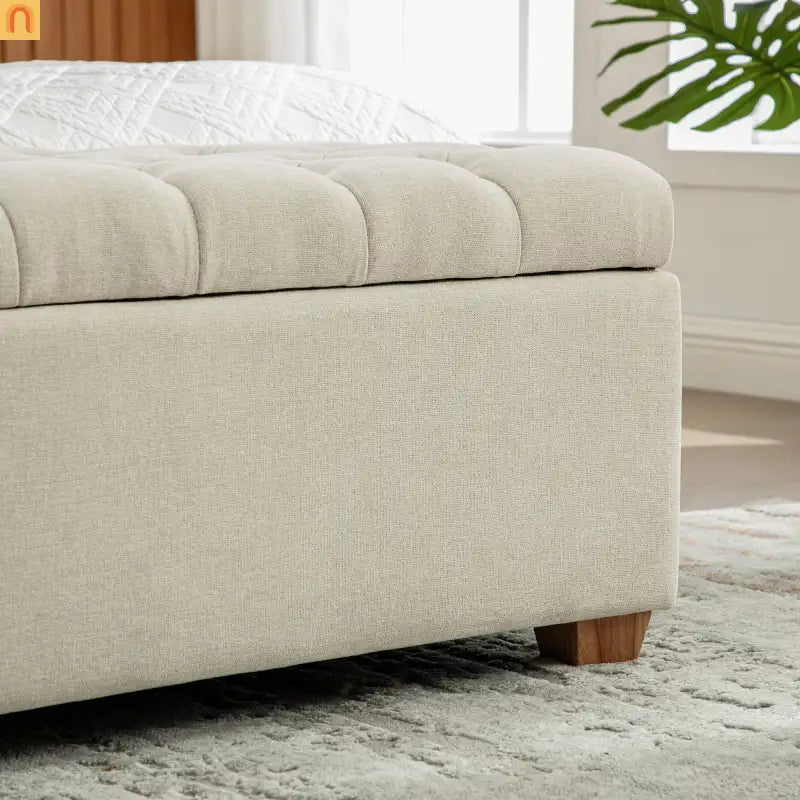 Storage Bench Tufted Chenille Beige Flip Top 60" 300 LB