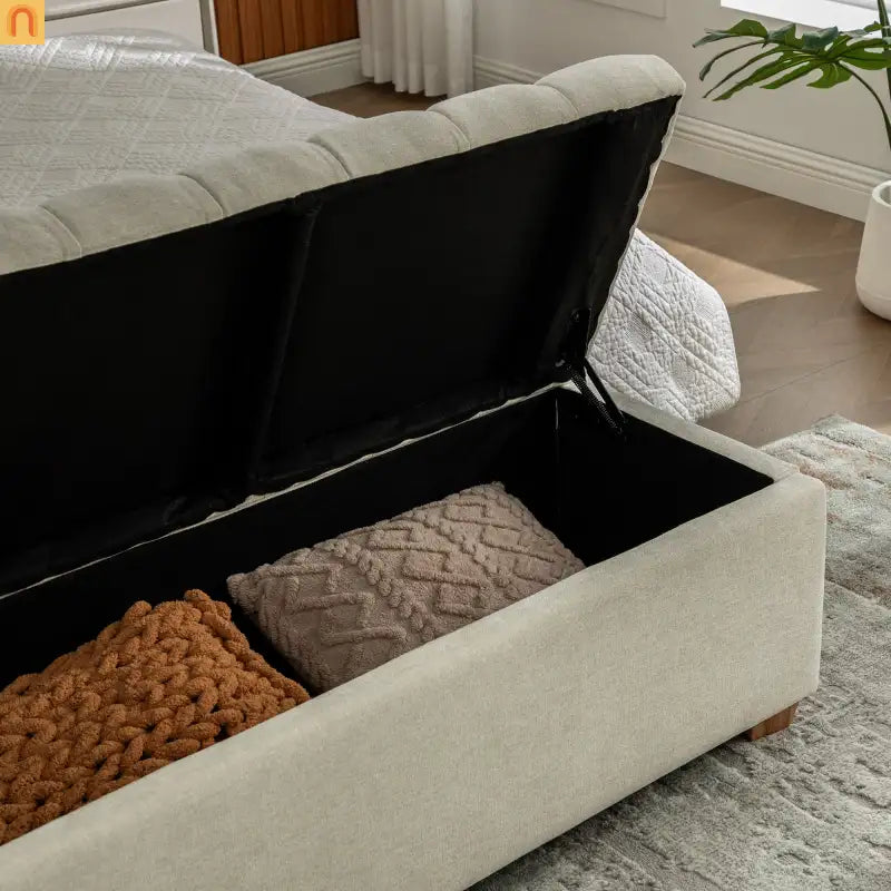 Storage Bench Tufted Chenille Beige Flip Top 60" 300 LB