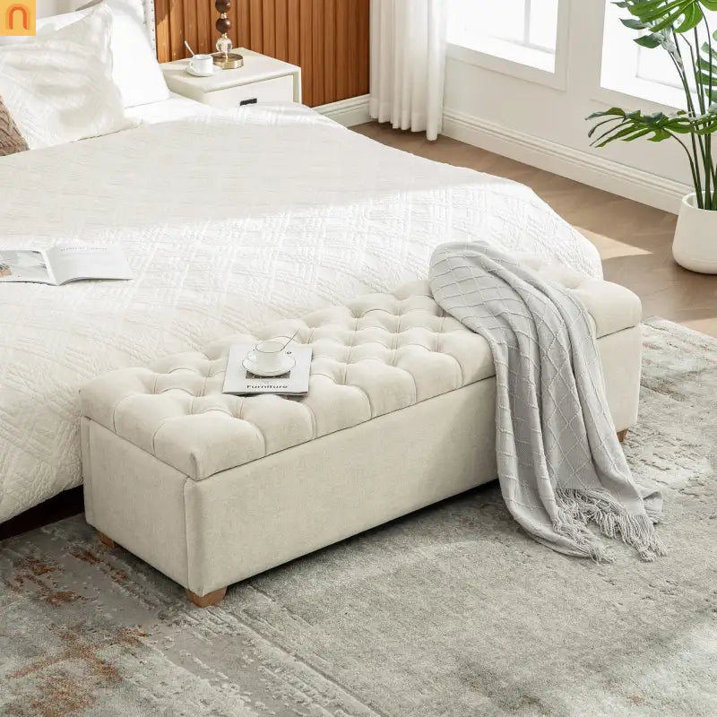 Storage Bench Tufted Chenille Beige Flip Top 60" 300 LB