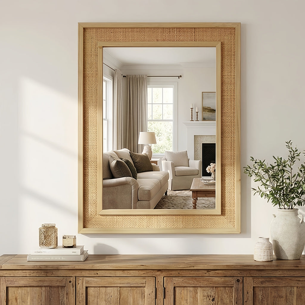 24x36 Rattan Rectangle Wood Frame Mirror