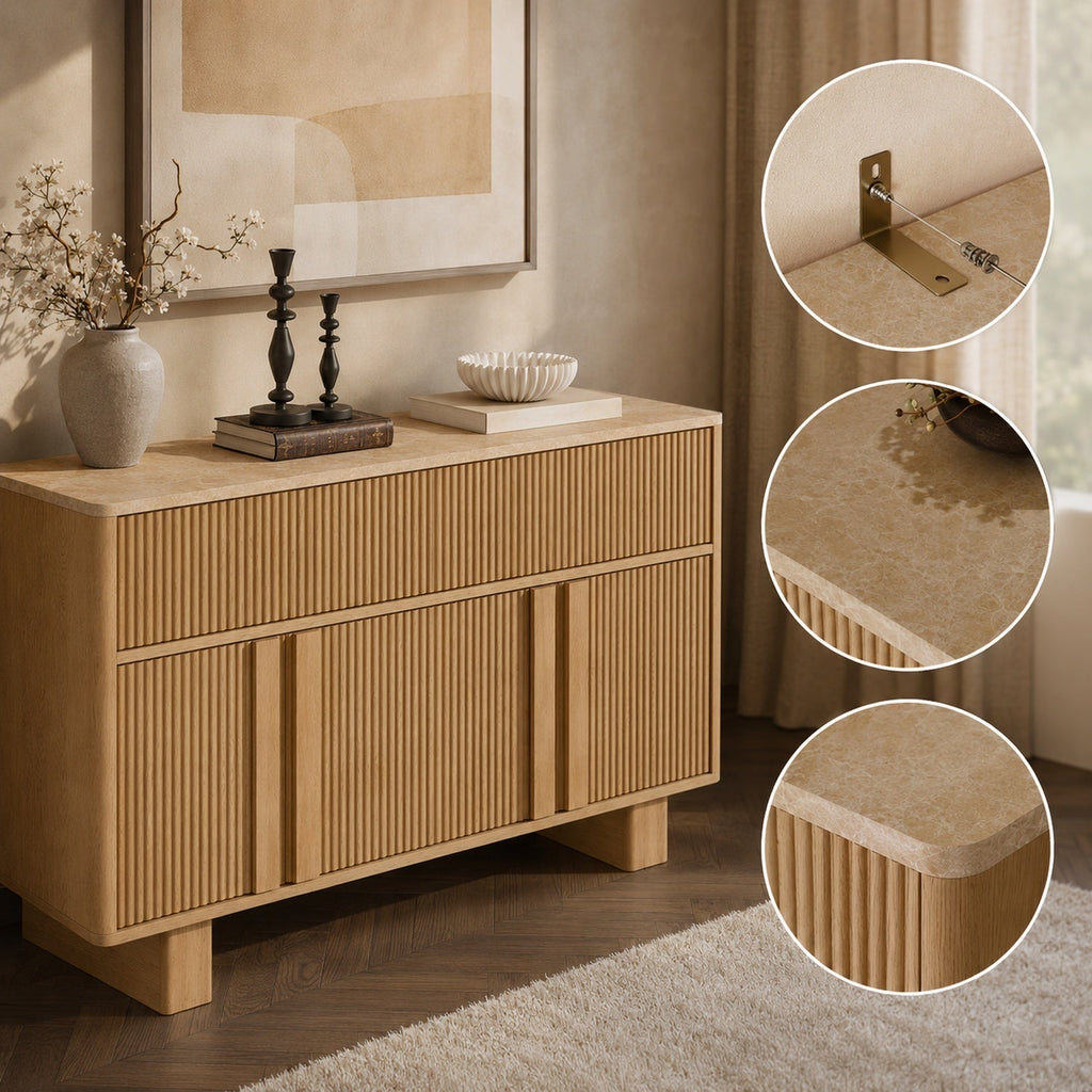 63" Sideboard Buffet Cabinet with Drawers, Faux Marble Top, Light Oak