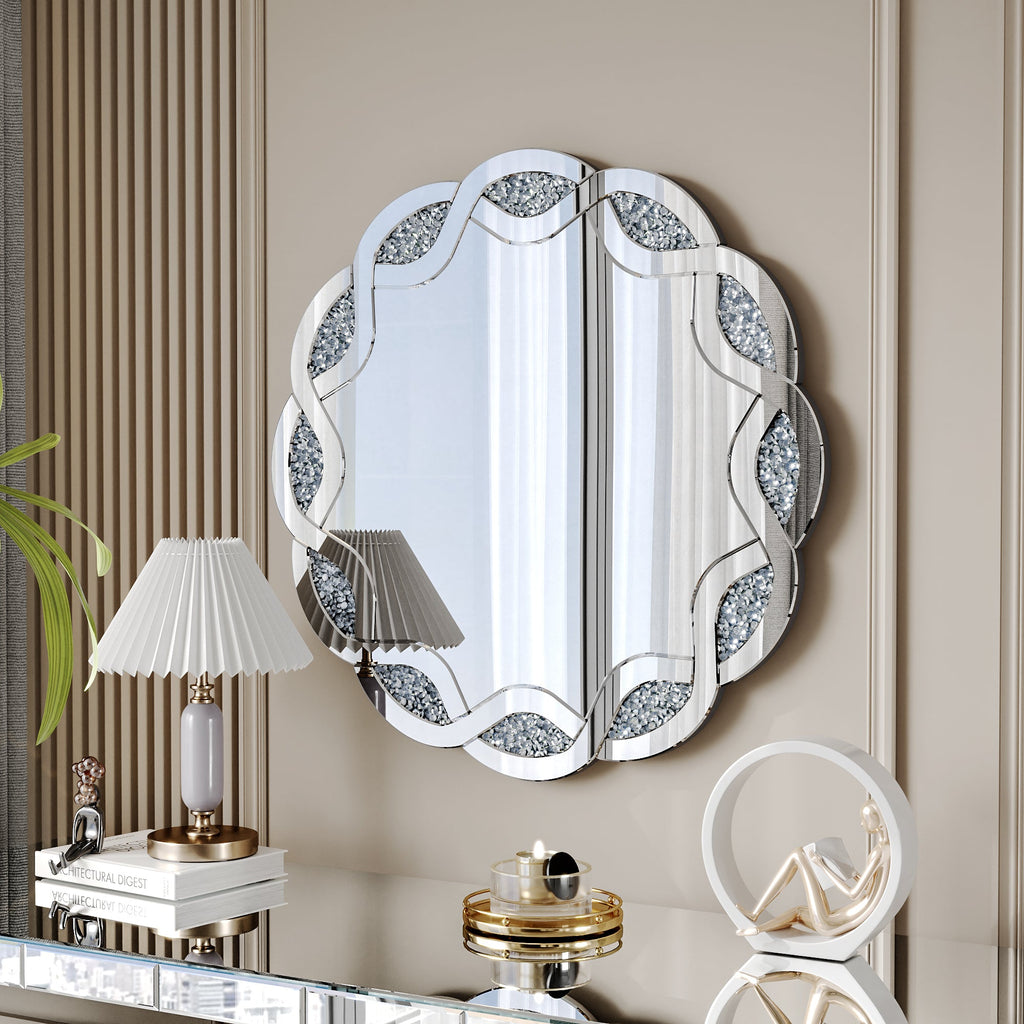 31.5" Silver Wave Diamond Round Wall Mirror