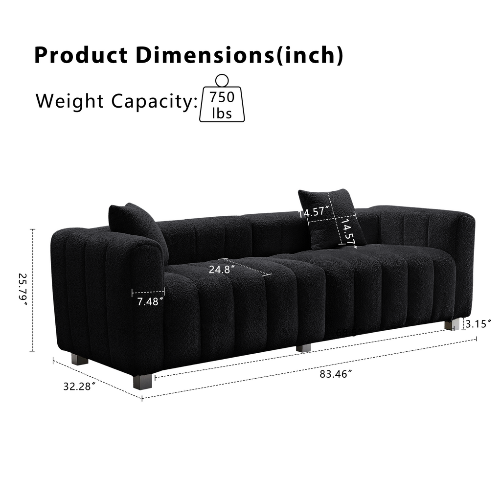 Sofa Modular Velvet Teddy Black 3 Seat Metal Legs 87 In 750 LB