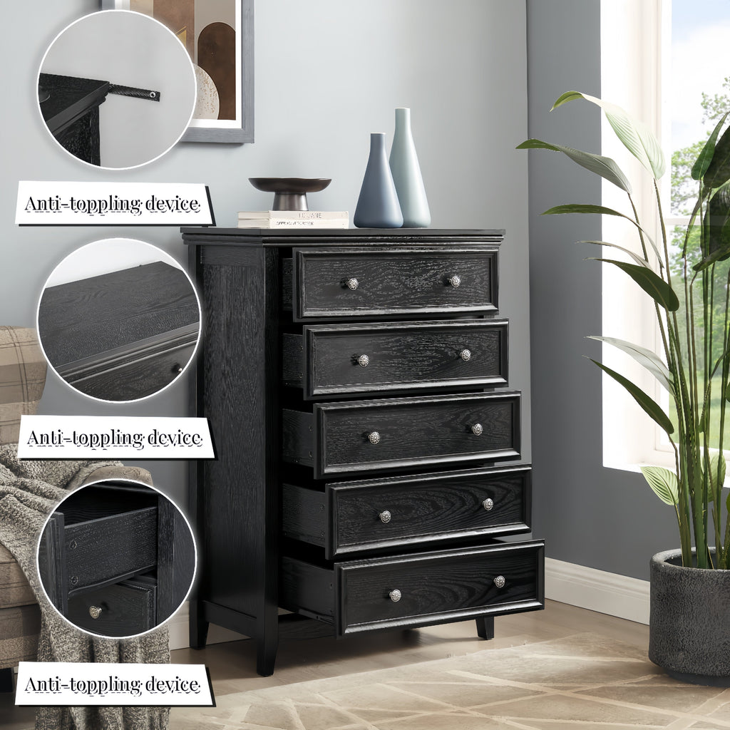 Black 5 Drawer Dresser Chest Cabinet Storage Organizer