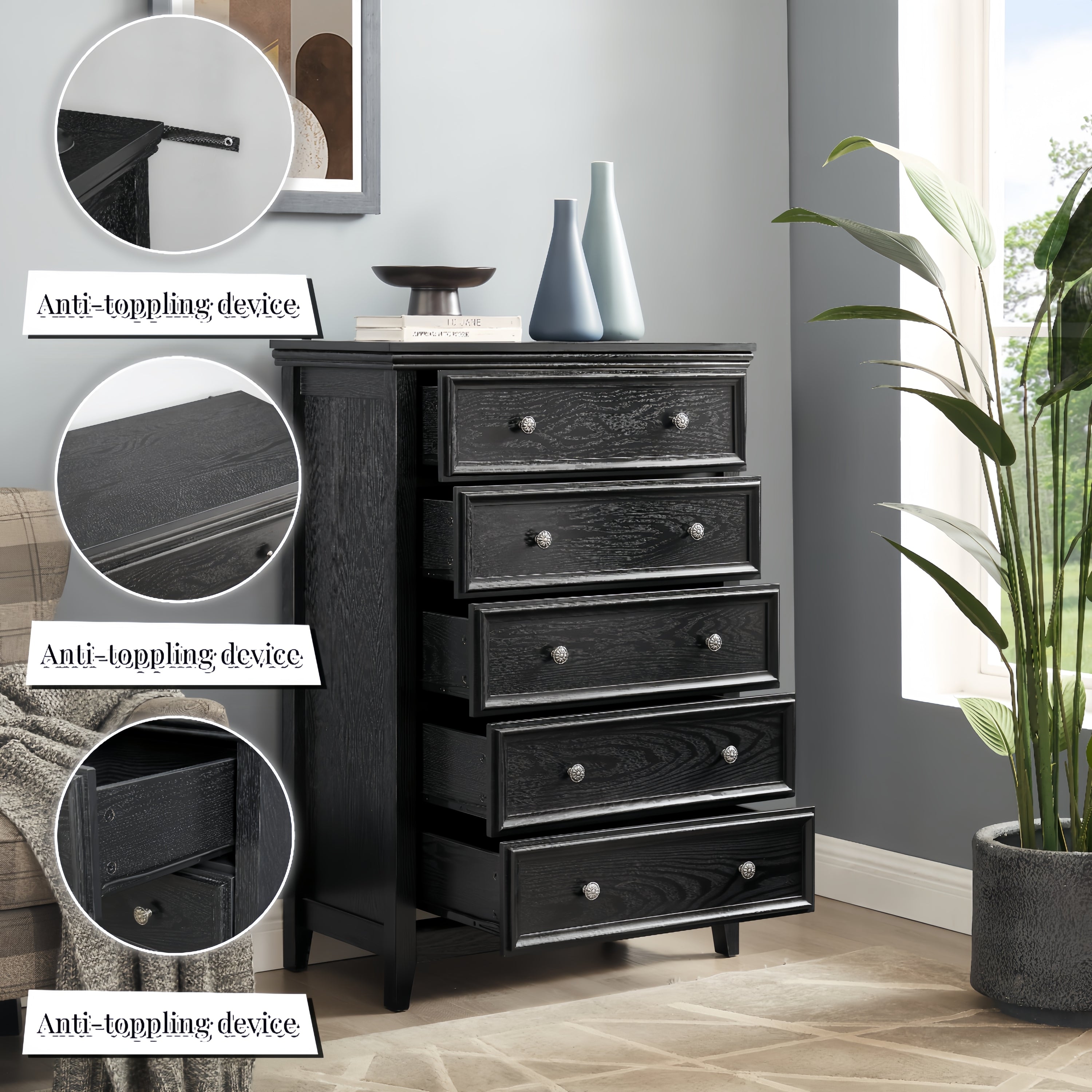 Black 5 Drawer Dresser Chest Cabinet Storage Organizer