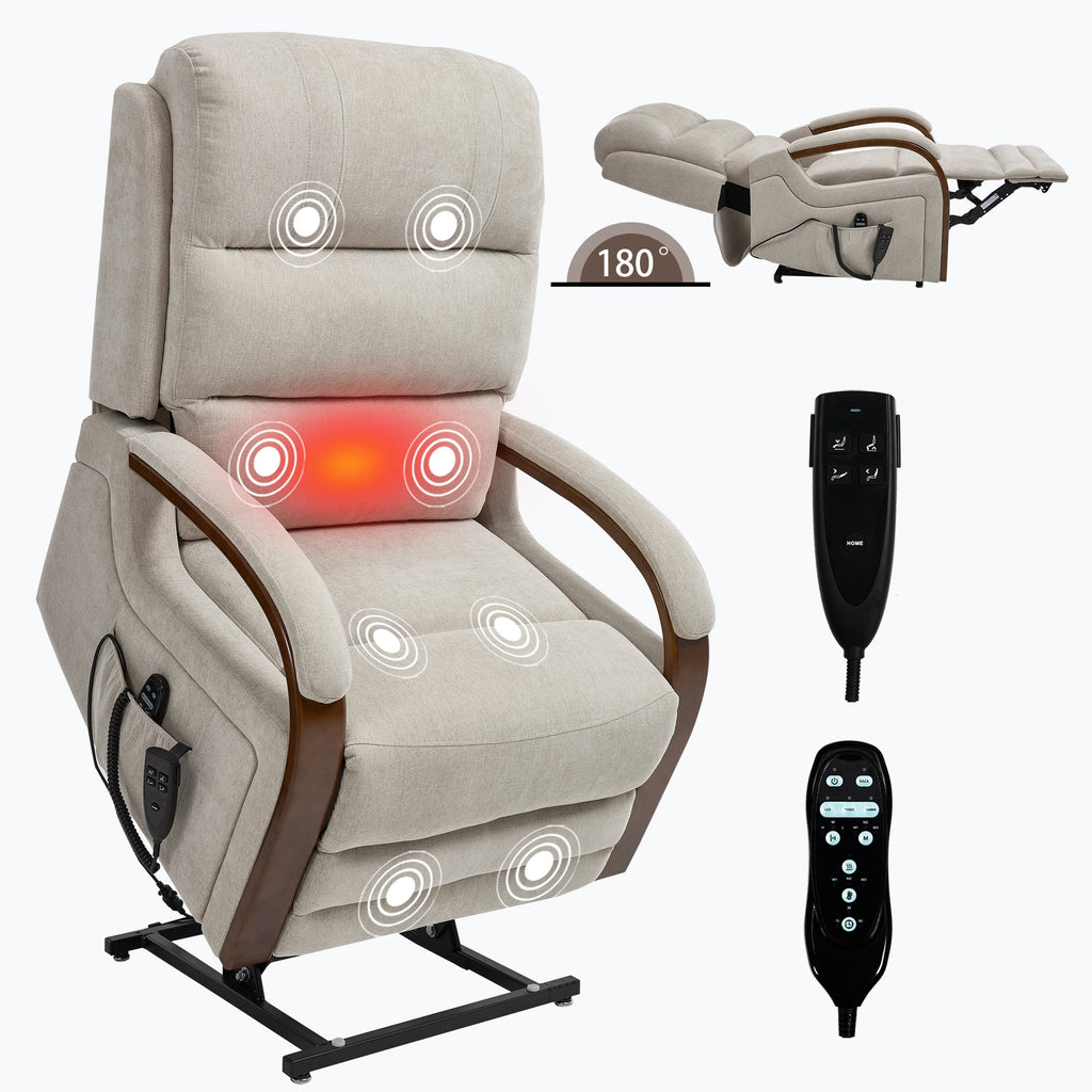 Power Beige Chenille Lift Recliner Chair Dual Motor 350 LBS