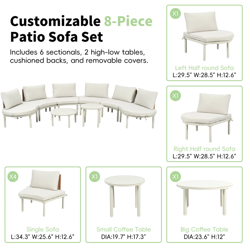 Outdoor Sectional Set PE Wicker Aluminum Beige Half Moon 8 Piece