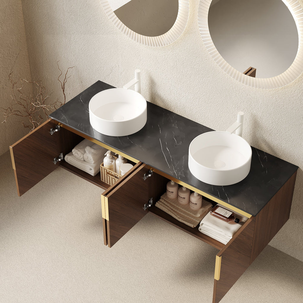 60' Bathroom Vanity with Sinks, Floating Wall-Mounted Plywood 4 Doors Black