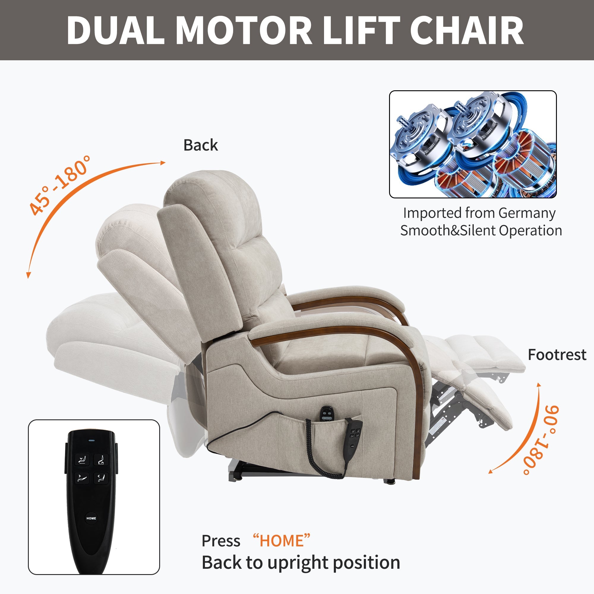 Power Beige Chenille Lift Recliner Chair Dual Motor 350 LBS