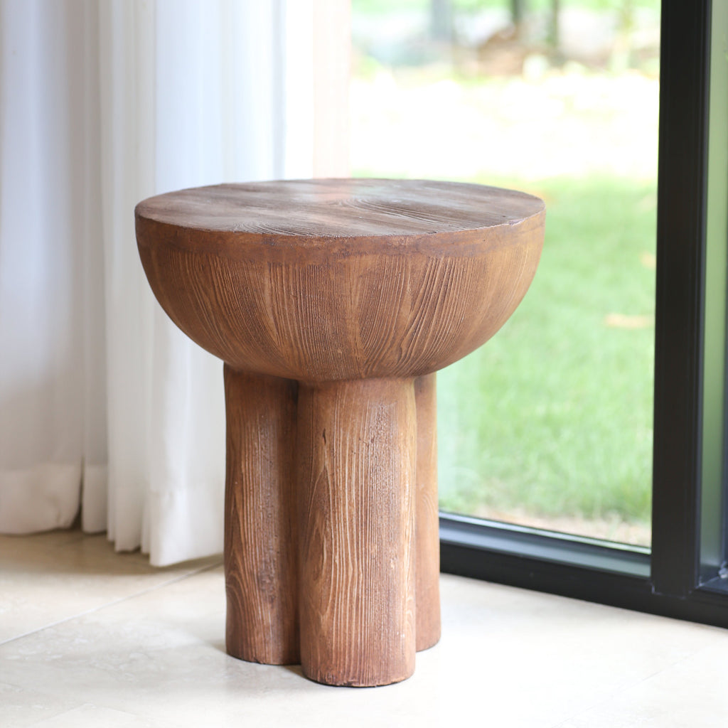 Iris Outdoor Round MGO Side Table Brown Wood-Grain Three-Leg