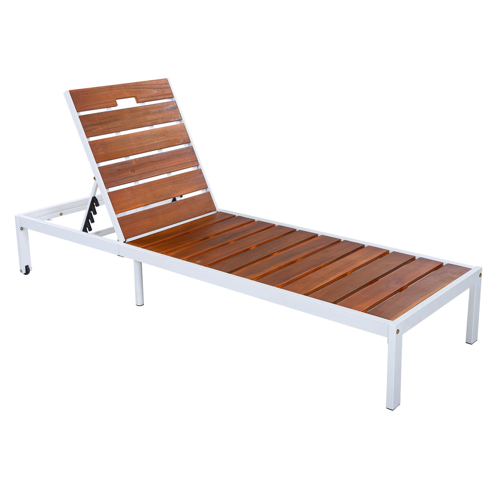 Outdoor Chaise Lounge Acacia Wood Steel Frame White Brown 78.7