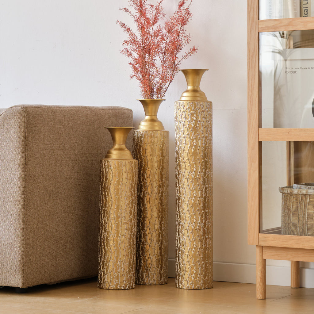 Set of 3 Gold Distressed Metal Vases with Vine Pattern 34