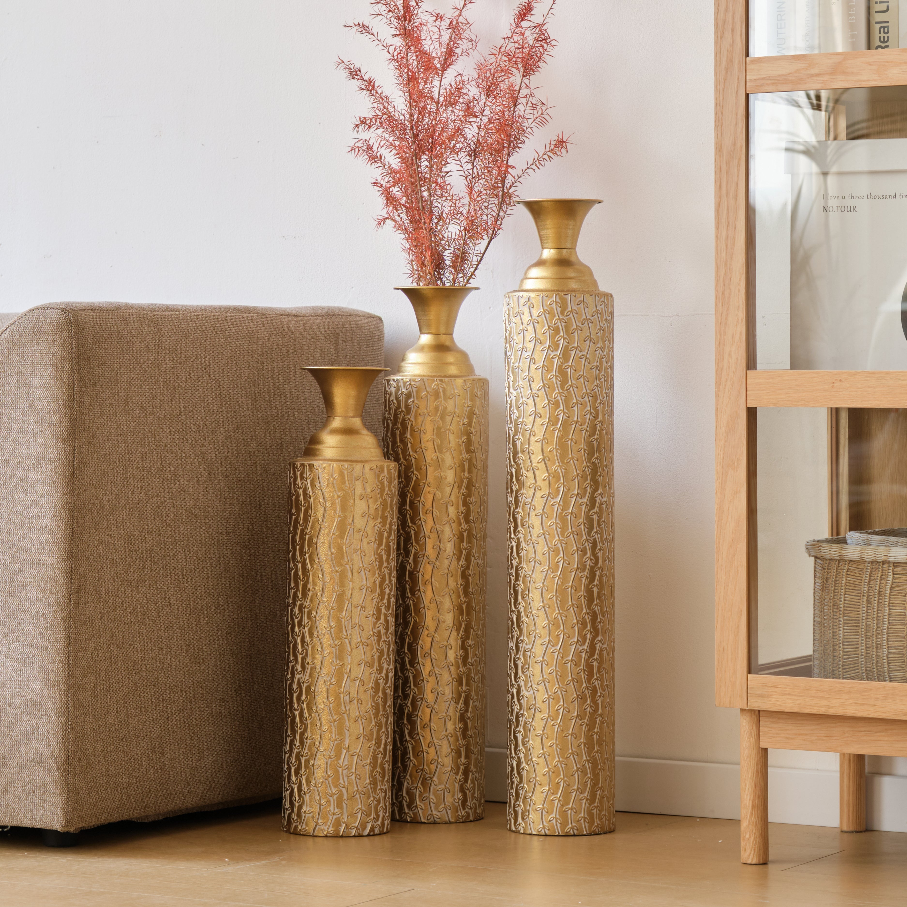 Set of 3 Gold Distressed Metal Vases with Vine Pattern 34