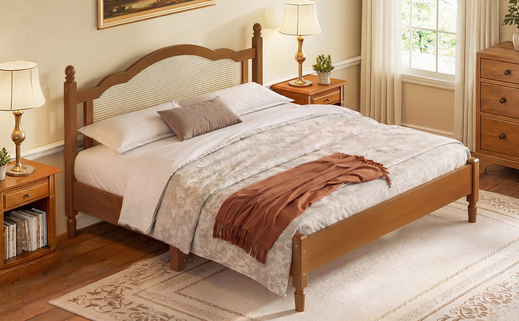 King Size Walnut Wooden Platform Bed with Rattan Headboard