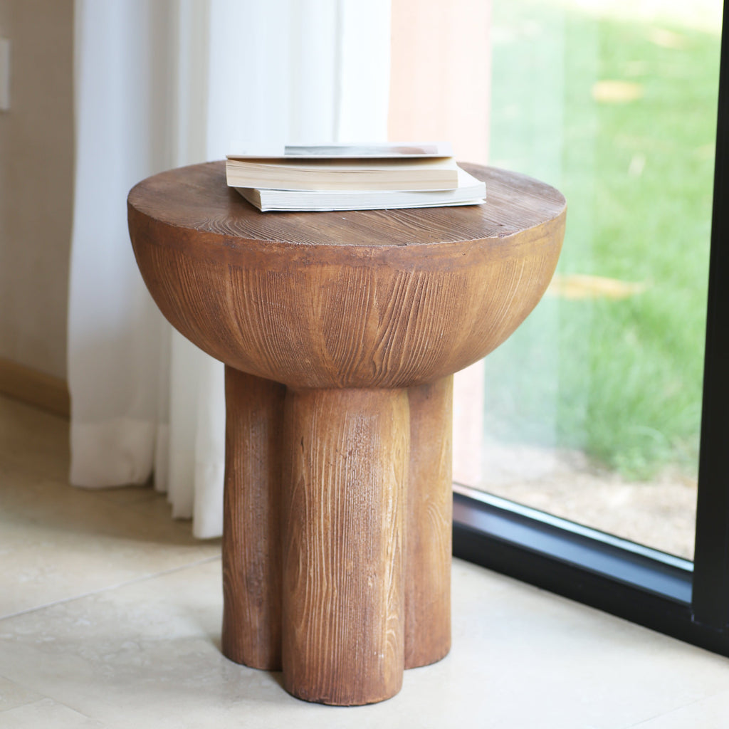 Iris Outdoor Round MGO Side Table Brown Wood-Grain Three-Leg