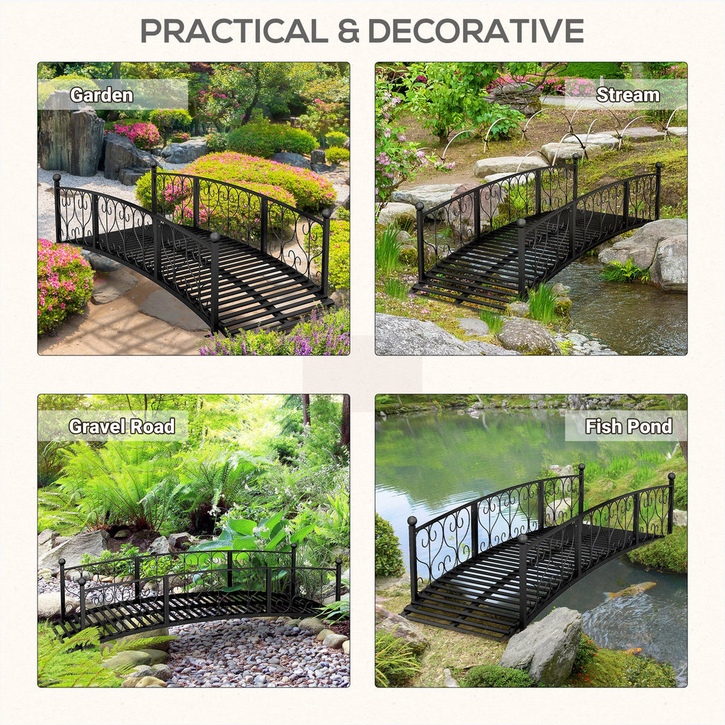 7' Metal Arch Garden Bridge with Safety Siderails Black