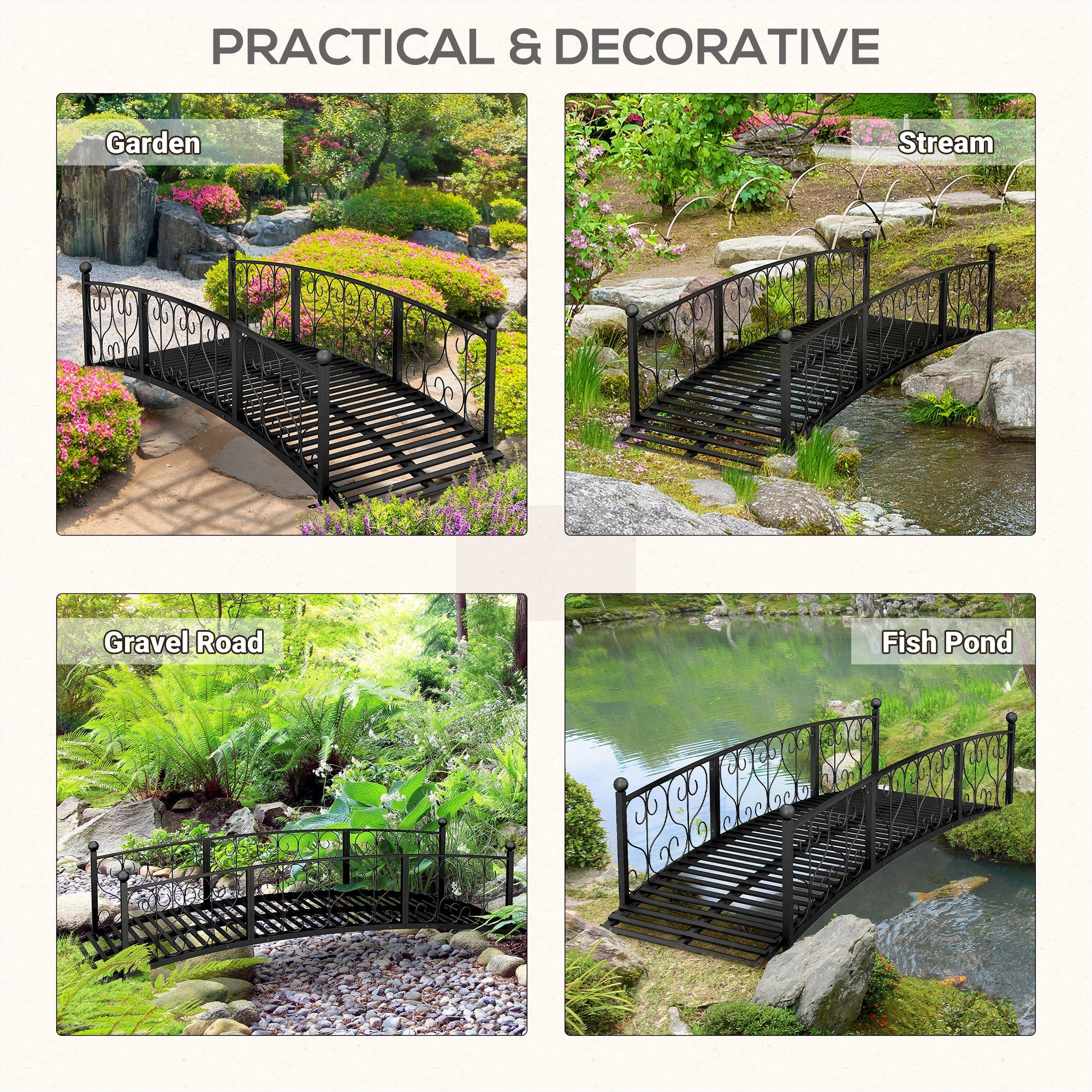 7' Metal Arch Garden Bridge with Safety Siderails Black