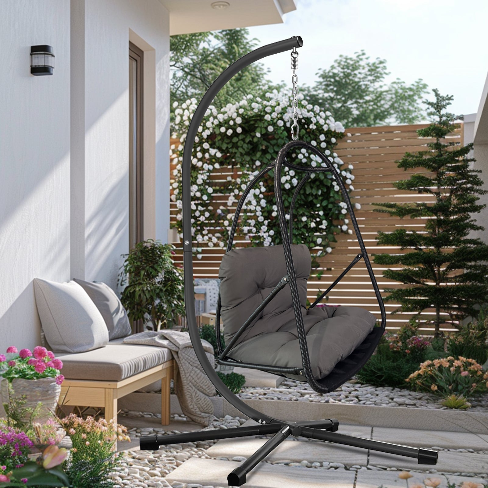 Wicker Rattan Swing Egg Chair with Stand Indoor Outdoor