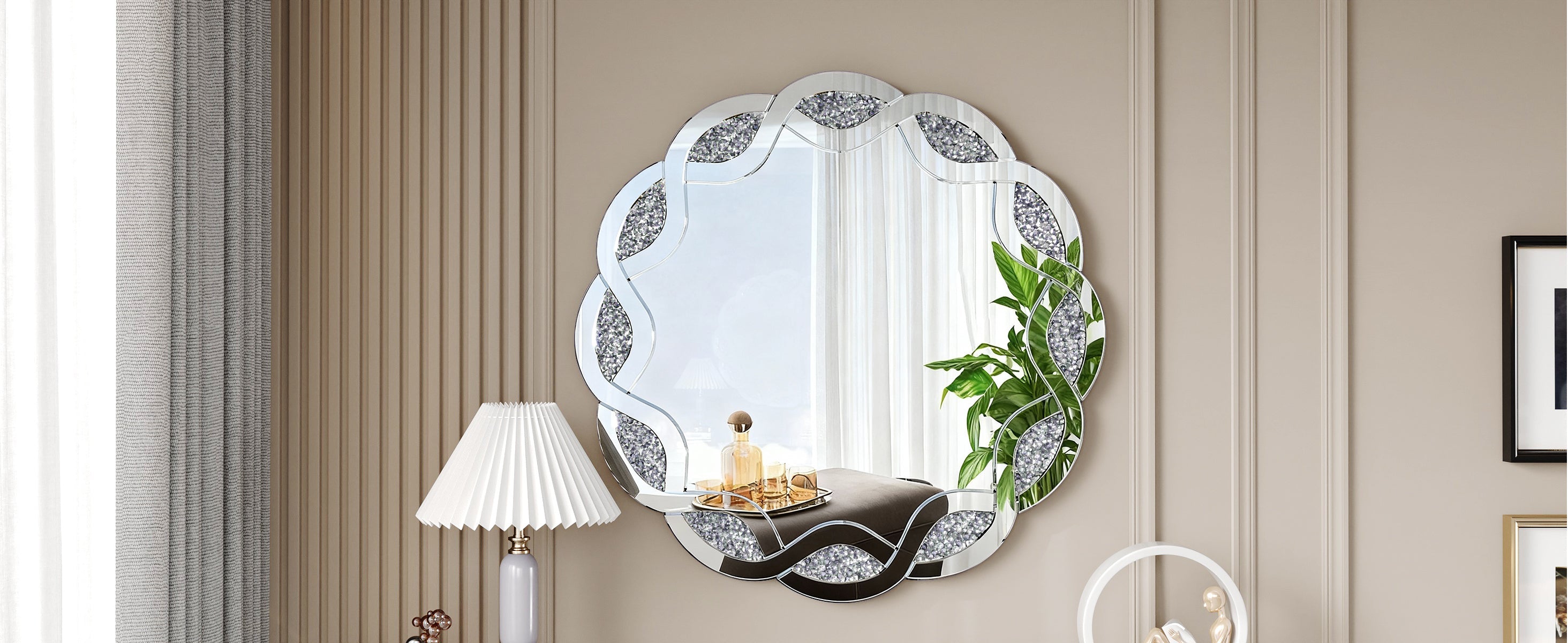 31.5" Silver Wave Diamond Round Wall Mirror