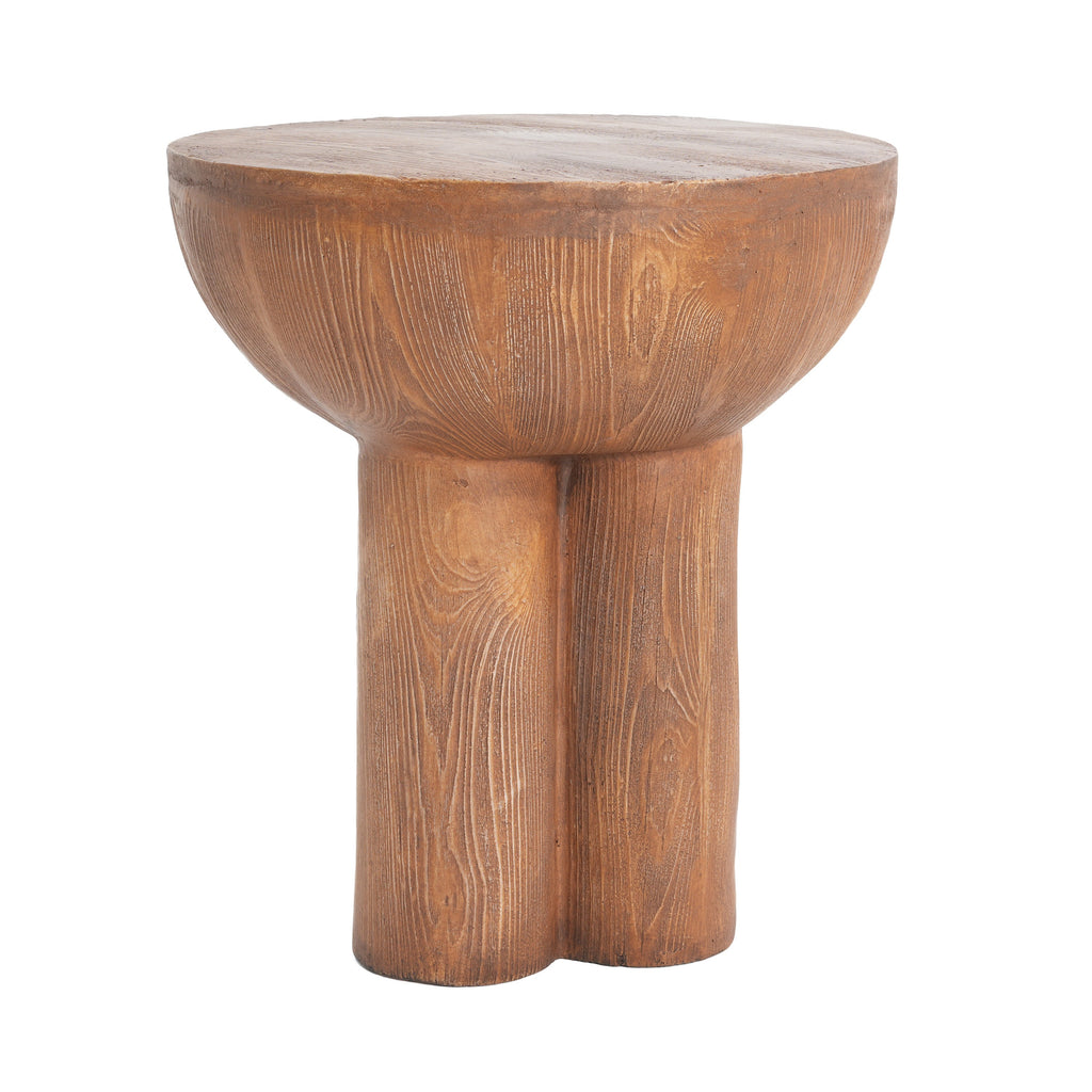Iris Outdoor Round MGO Side Table Brown Wood-Grain Three-Leg