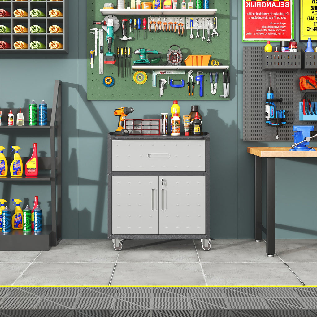 Metal Tool Cabinet with Wheels and Locking Doors