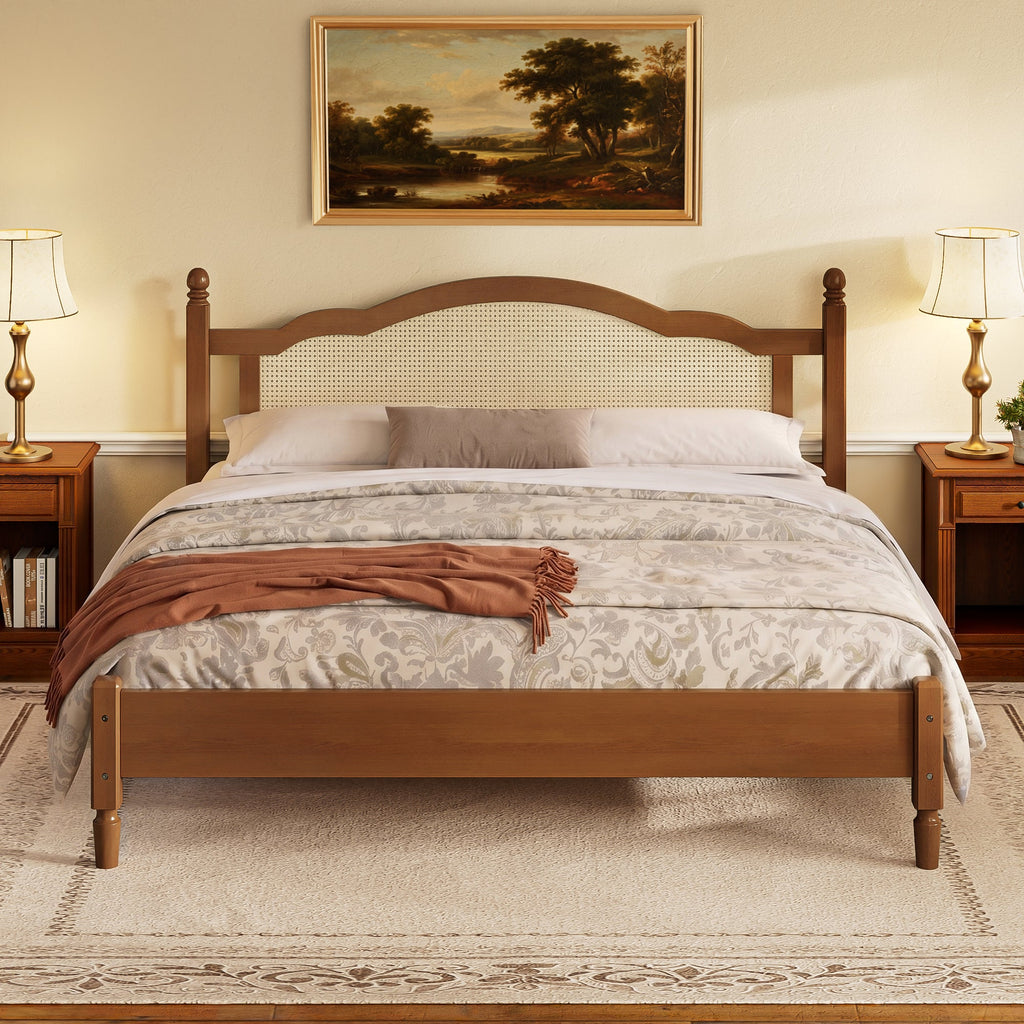 King Size Walnut Wooden Platform Bed with Rattan Headboard