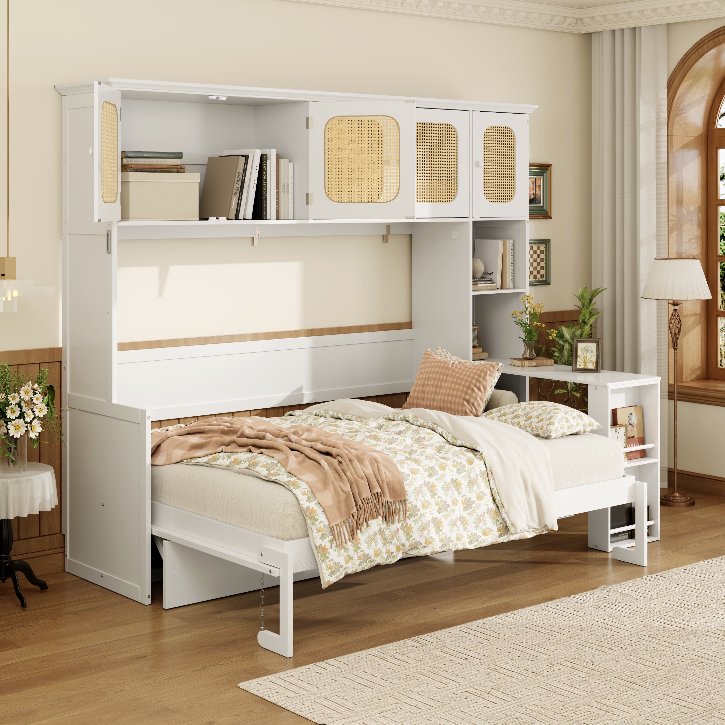 Murphy Bed with Desk and Rattan Cabinets, Warm White