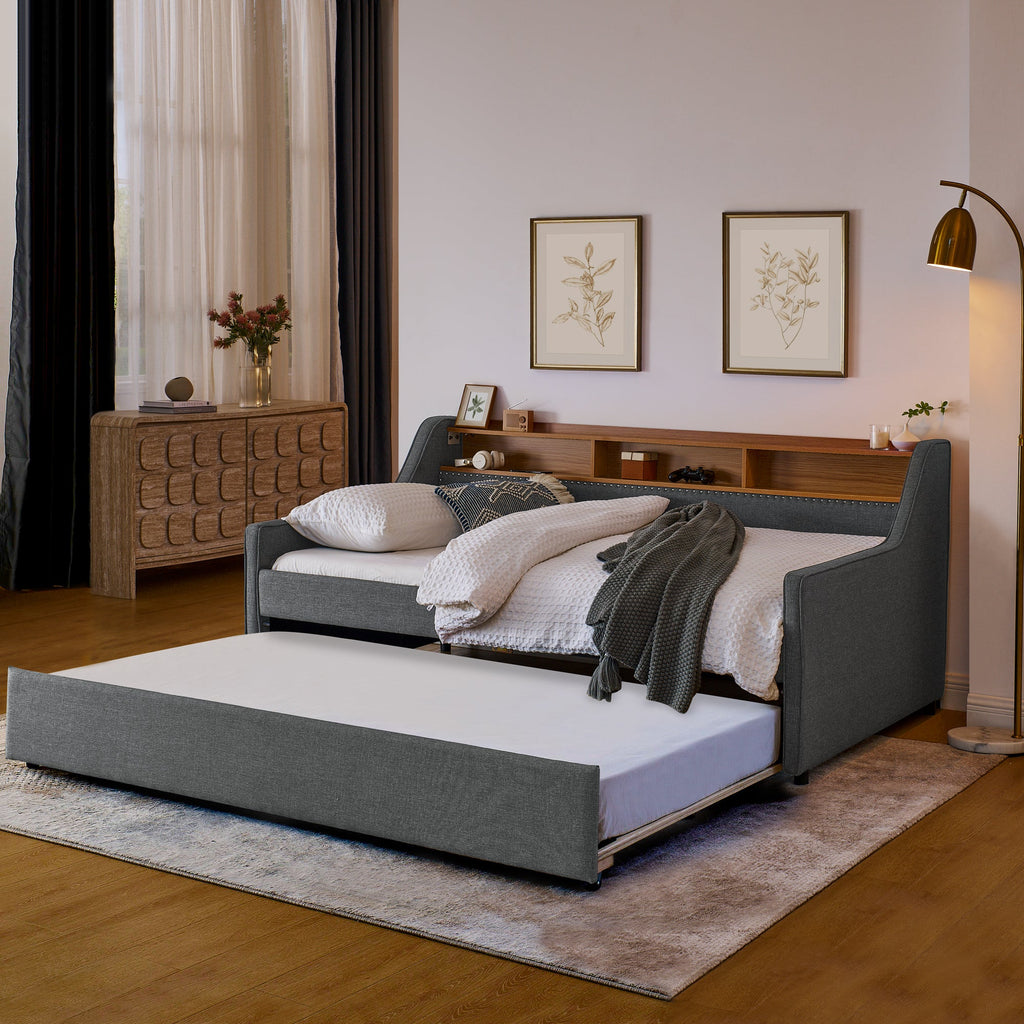 Grey Linen Twin Sofa Bed LED Lights Storage Headboard