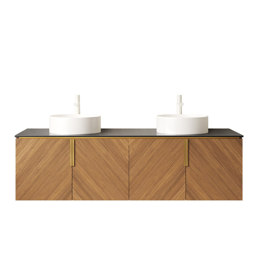 60' Bathroom Vanity with Sinks, Floating Wall-Mounted Plywood 4 Doors Black
