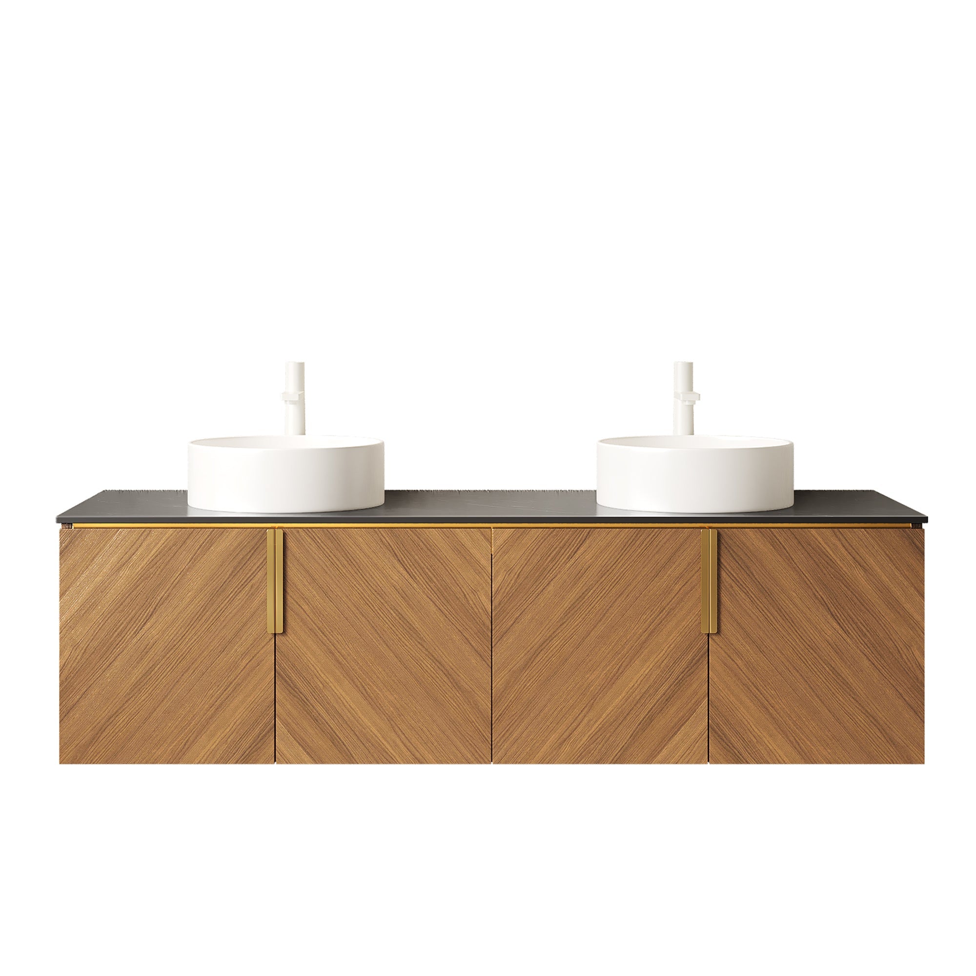 60' Bathroom Vanity with Sinks, Floating Wall-Mounted Plywood 4 Doors Black