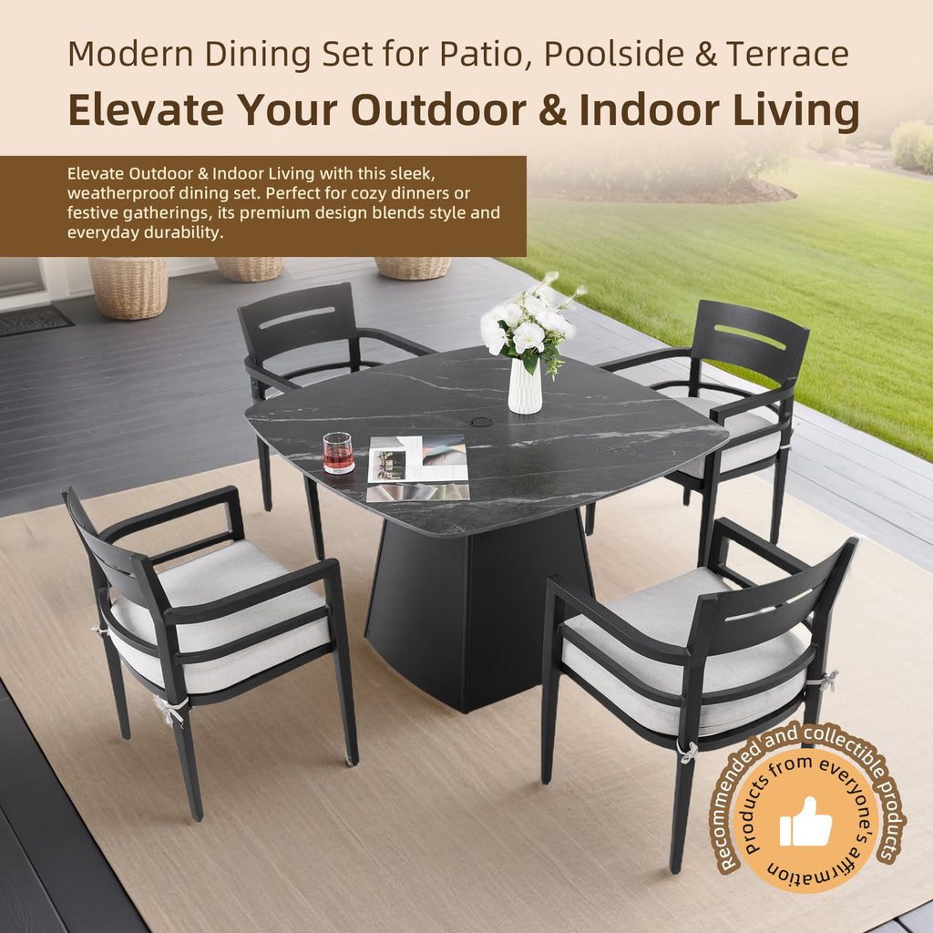 5-Piece Outdoor Dining Set 44" Sintered Stone Table Armchairs