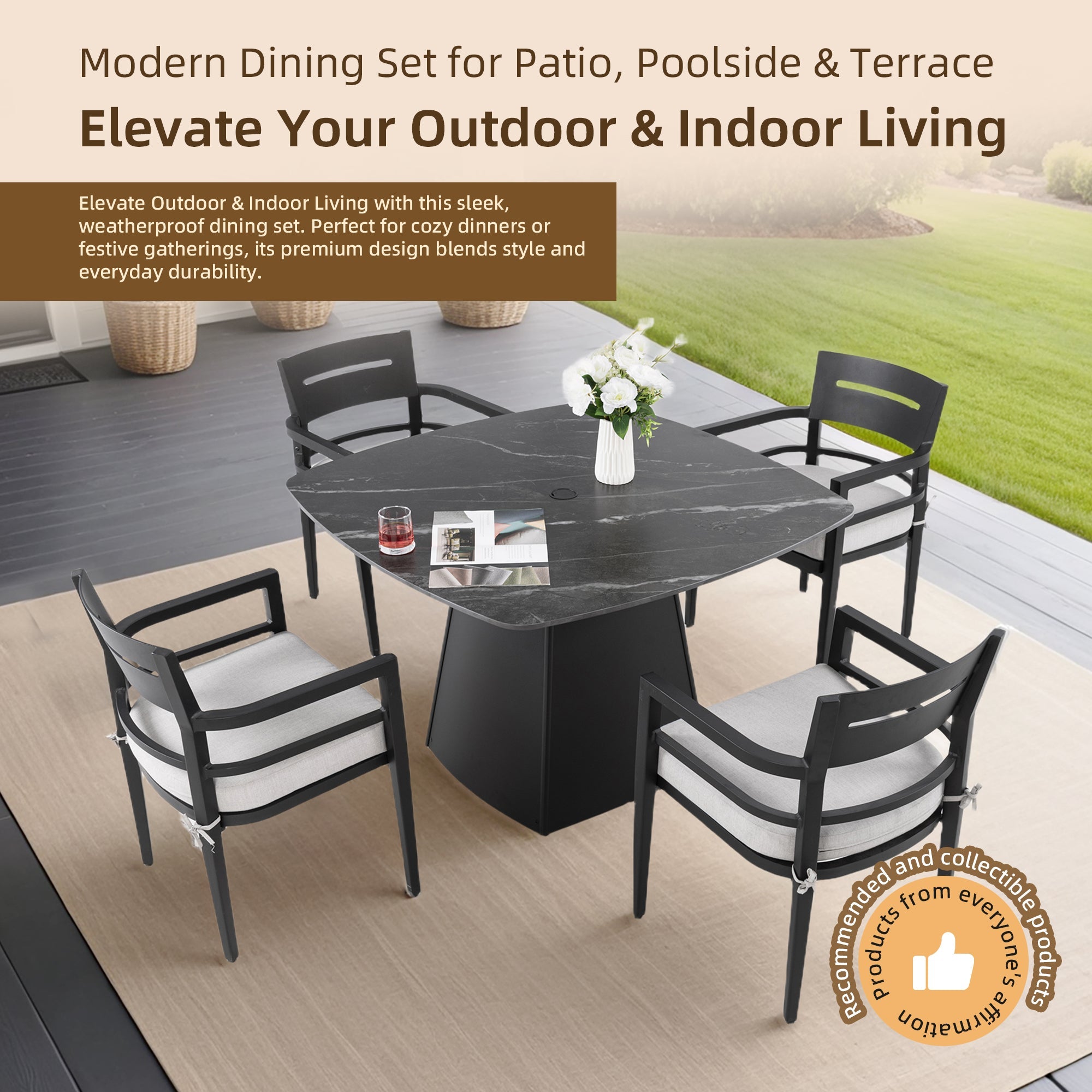 5-Piece Outdoor Dining Set 44" Sintered Stone Table Armchairs