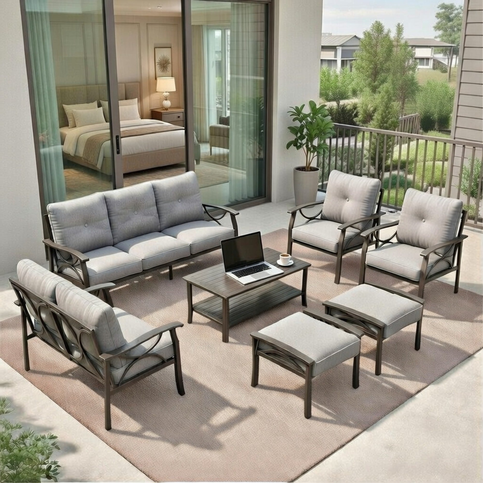 Outdoor Patio Set Steel 7 Piece Seats 9 Khaki Gray