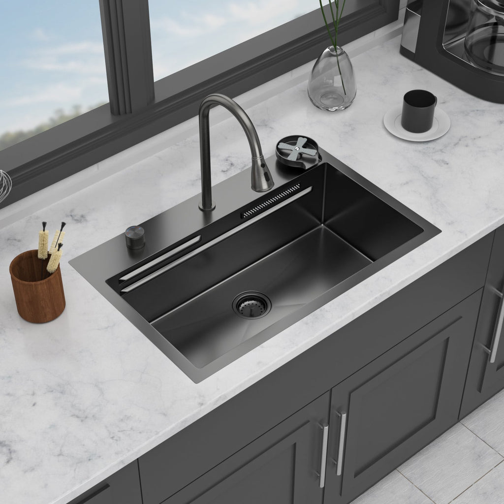 Gunmetal Black Waterfall Kitchen Sink 31.5" Pull-Out Faucet