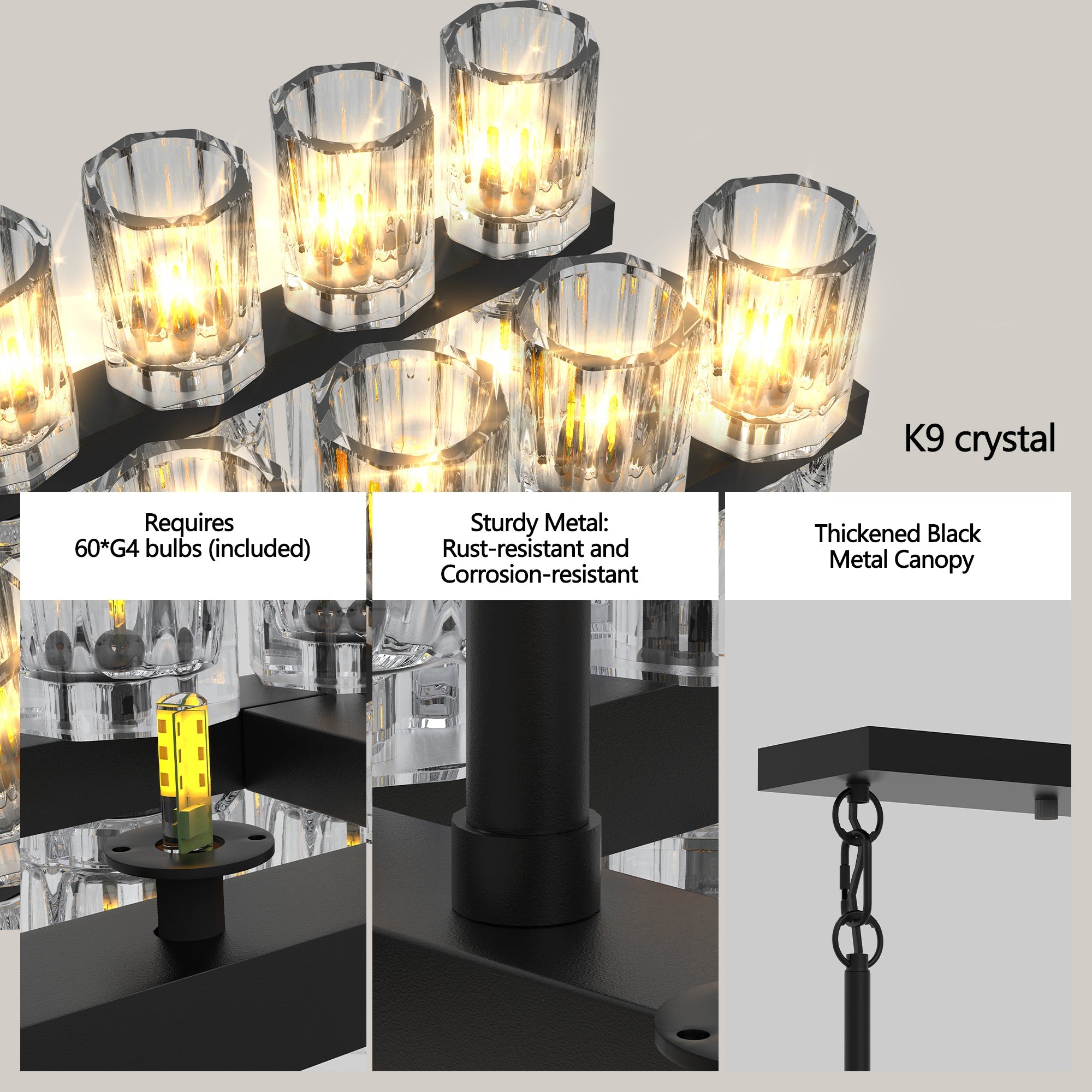 Rectangular Crystal Chandelier Black Frame K9 Crystals Living Dining