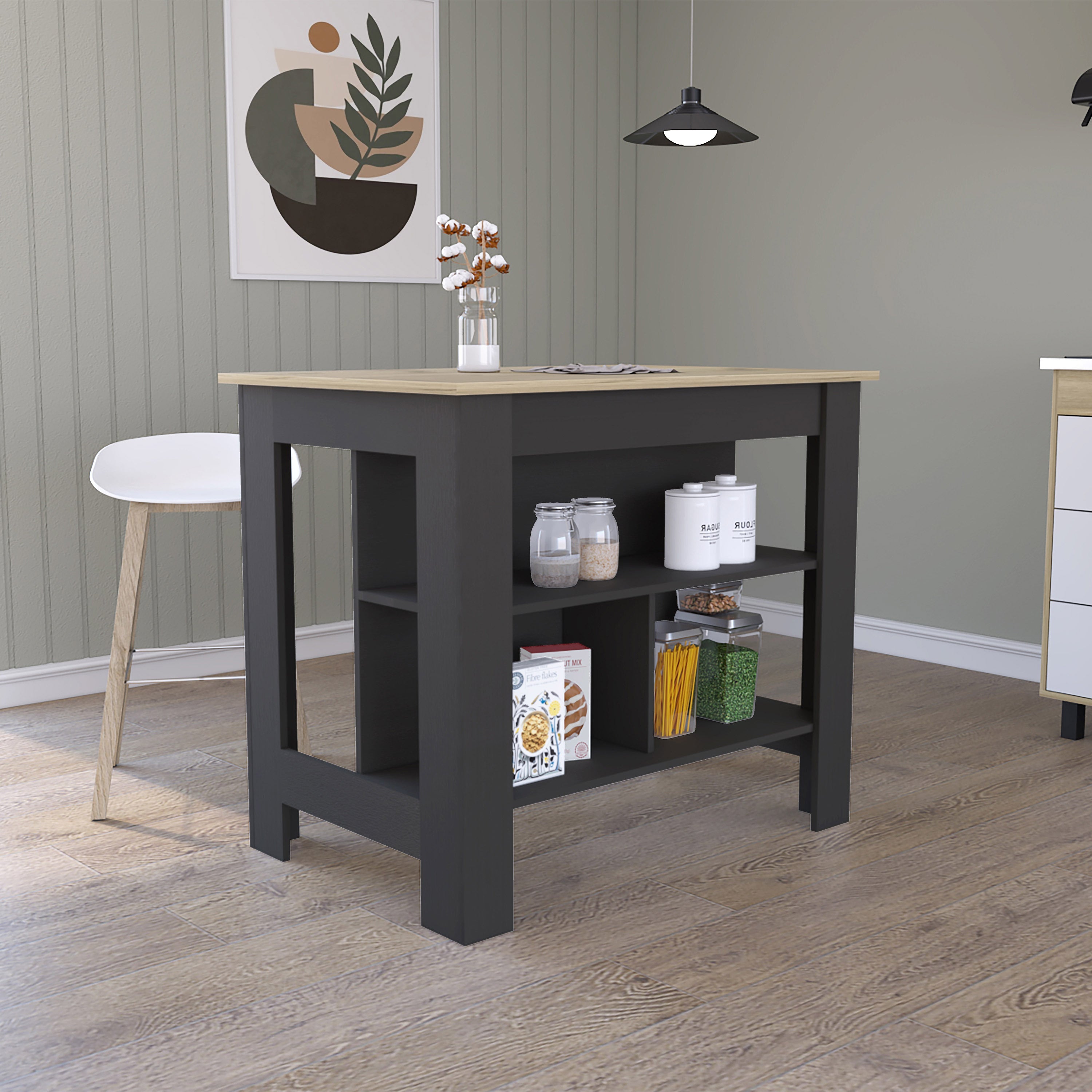 Kitchen Island with Shelves, Black and Light Oak
